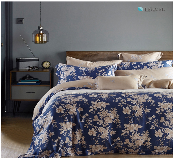 Bộ chăn ga Tencel Kyoryo họa tiết Hoa nền Xanh Nhật Bản